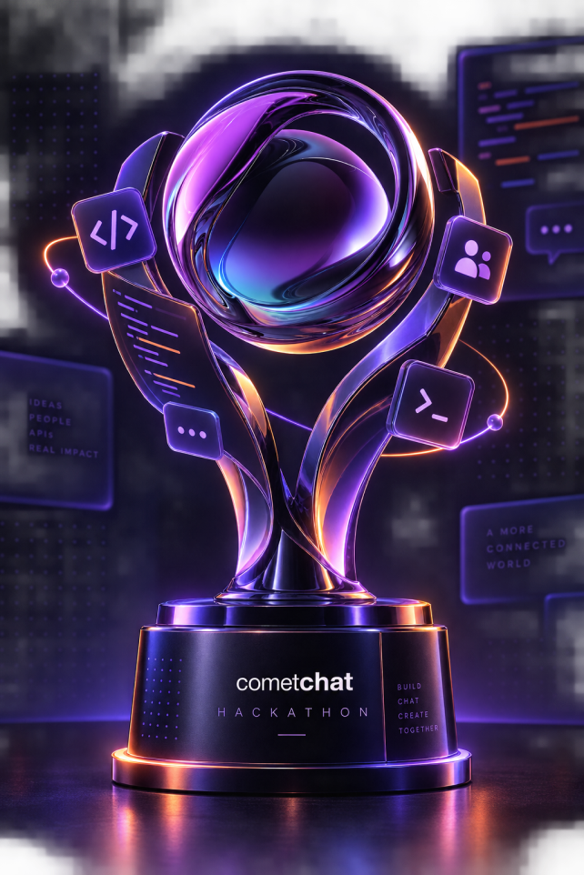 A glowing futuristic CometChat hackathon trophy